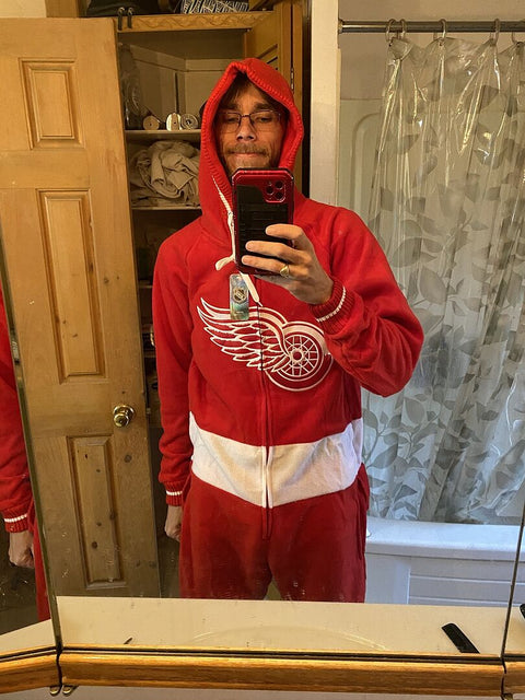 Lynn W. in the Detroit Red Wings NHL Onesie